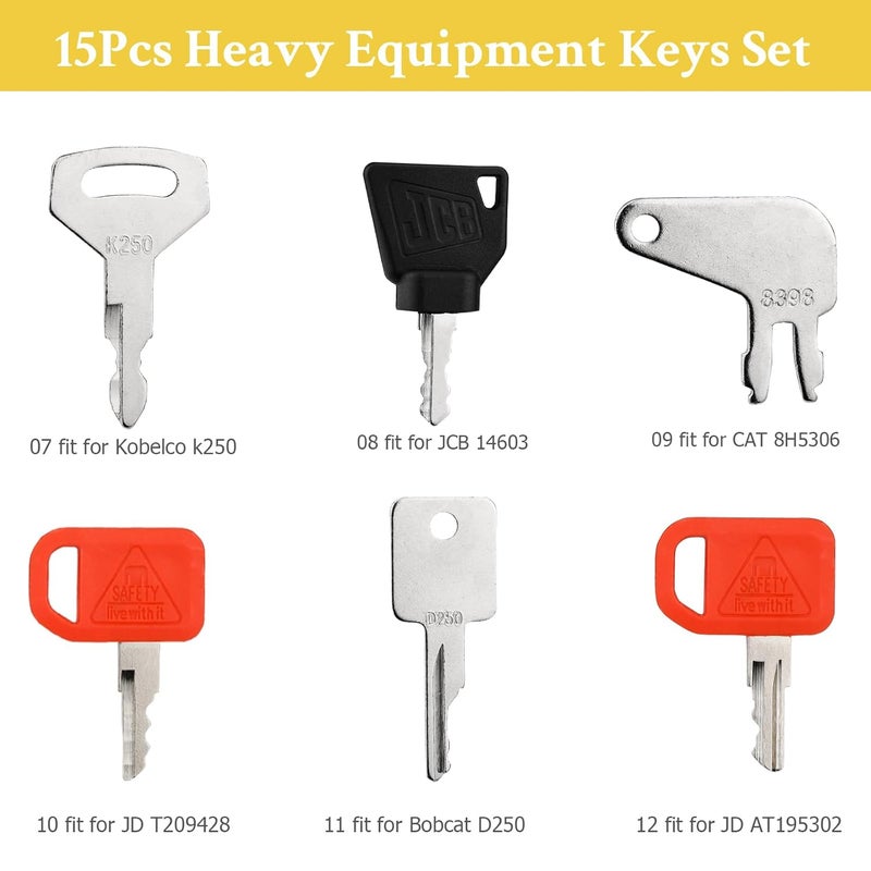 Tecreddy 15PCS Heavy Equipment Keys Master Set, Construction Keys for Cat Caterpillar 5P8500 John Deere AT195302 Komatsu 787 Volvo 777 Bobcat D250 JCB 14603 Case S450 Hitachi H800 Hyster 166 Takeuchi H806 - Image 4